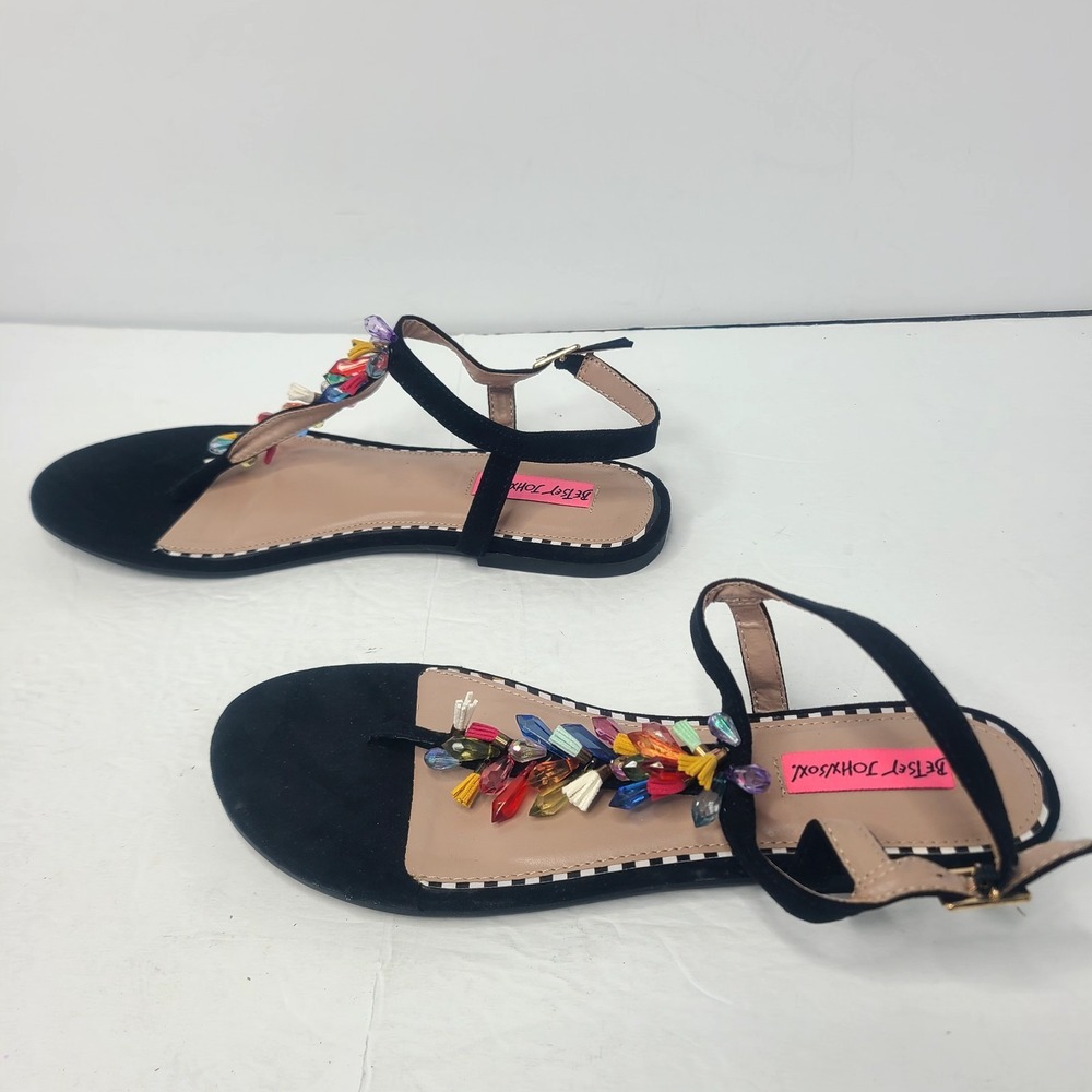 Betsey Johnson Colorful Gemstone T-Strap Flat Sandals Black Boho Bling 8.5 - Picture 3 of 9